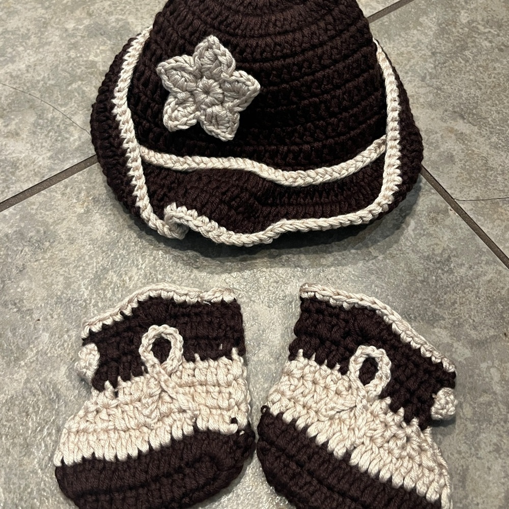 Newborn Handmade Brown and Cream Crochet Hat and Booties Set